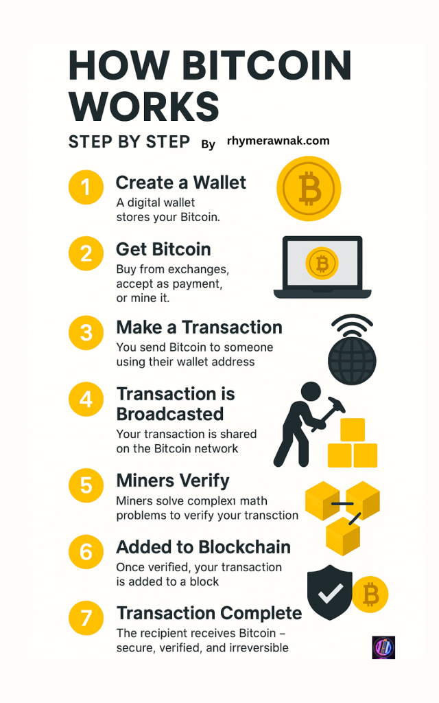Bitcoin work process step by step infographic